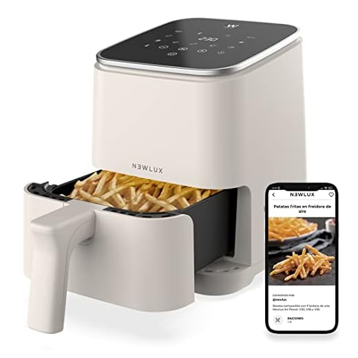NEWLUX - Freidora sin Aceite 2l Air Power V20 (1200W) con 8 Programas y Panel LED Táctil. Freidora de Aire 2l (hasta 230℃) para 2 Personas, Fácil de Limpiar y con App de Recetas. Libre PFOA | Crema