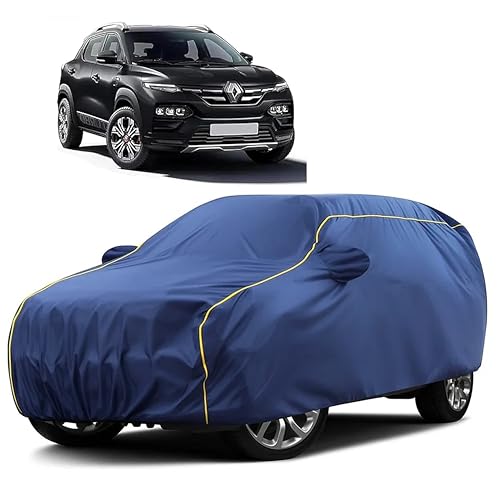 Image of Sulfar 100% Water Resistant Car Body Cover Compatible with Mirror for Renault Kiger (Triple Stitched, Full Bottom Elastic, Blue Taffeta with Yellow Piping)