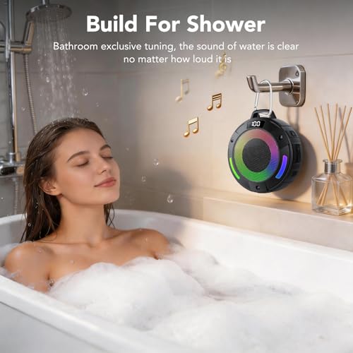 Image of Bluetooth Speaker, 2026 Portable Wireless Shower Speaker, Digital Display Portable Speaker with Detachable hook ,IPX7 Waterproof with LED Light, HD Sound & Bass for Bathroom, Pool, Beach & Outdoor