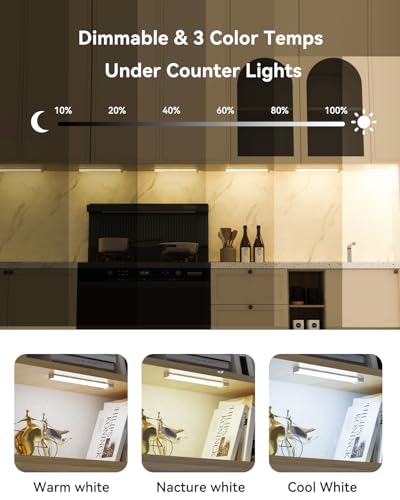 Rihvy Under Cabinet Lighting 4 Inches Rechargeable Motion Sensor Light Indoor, 3 Color Dimmable Closet Light Battery Operated, USB Stick on LED Magnetic Under Counter Lights for Kitchen Stair, 6 Packs