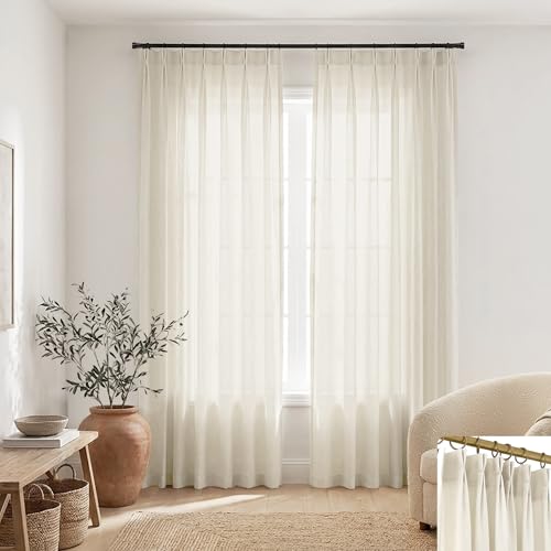SHINELAND Pinch Pleated Sheer Curtains 84 Inches Long, Linen Textured Cream Cottage Core Farmhouse Curtain for Living Room