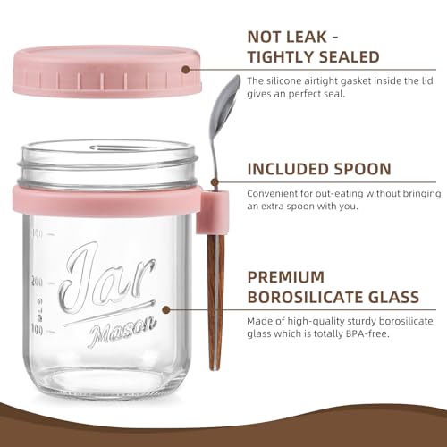 Image of LANDNEOO 4 Pack Overnight Oats Containers with Lids and Spoons, 16 oz Glass Mason Jars with Airtight Lids, Overnight Oats Jars for Milk, Cereal, Fruit-Pink