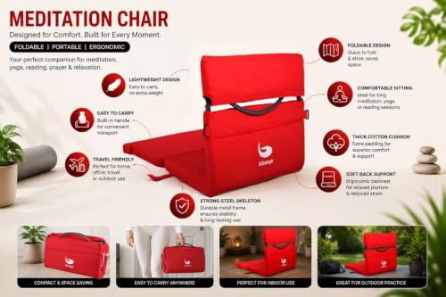 Image of Meditation Chair | Foldable Floor Seat with Cushion and Back Support | for Yoga, Pranayama, Prayer & Cross-Legged Sitting | Portable Metal Frame with Carry Bag | 2 Year Warranty (Red)