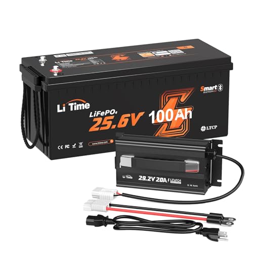 Image of LiTime 24V 100Ah Bluetooth LiFePO4 Lithium Battery with 29.2V 20A Charger, Built-in 100A BMS, Low-Temp Protection, 4000+ Cycles, Max. 2560Wh Energy for RV, Trolling Motor, Marine, Off-Grid