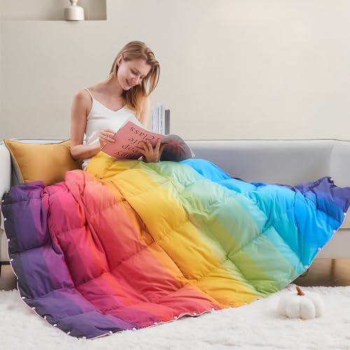 Image of APSMILE Rainbow Printed Down Throw Blanket, Packable Extra Fluffy & Warm Indoor/Outdoor Down Feather Fibers Blanket with Snap Buttons for Bed, Couch, Sofa, Travel, Camping, 50x70 Inches