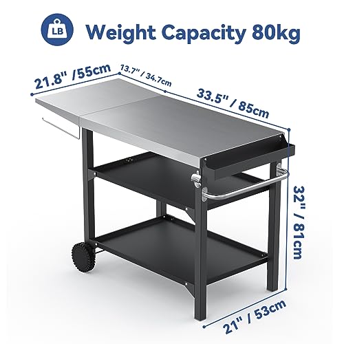 onlyfire Grillwagen 120cm mit Edelstahl Arbeitsplatte, Outdoor Grilltisch 3-Etagen für Pizzaofen und Gasgrill, Rollen und Servierwagen mit Gewürzbox, BBQ-Tisch, Outdoor Grill Trolley