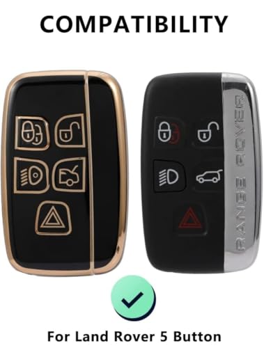 Image of TPU Car Key Cover Black & Golden Fit for Jaguar F-PACE F-Type Range Rover XF XJ XE, Discovery, Evoque, Velar, Sport, Defender (Land Rover & Jaguar, 5 Button Push Smart Key)