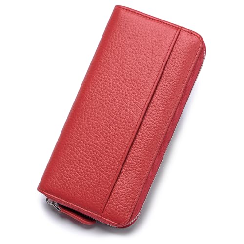 Large Capacity wallets for women RFID Blocking Leather Long Zipper Clutch Wallet with 18 Card Slots & coin Pocket,Red