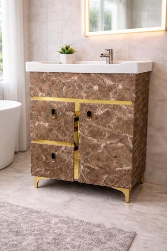 Image of hd Glass Bathroom Vanity Cabinet with Ceramic Basin, Grey Marble Finish, Gold Accents, 1 Door & 2 Drawers (1)