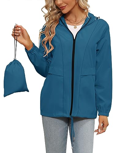 Tisfeer - Chaqueta impermeable con capucha para mujer, ligera, cortavientos, plegable, chaqueta con capucha, Azul pavo real., XXL