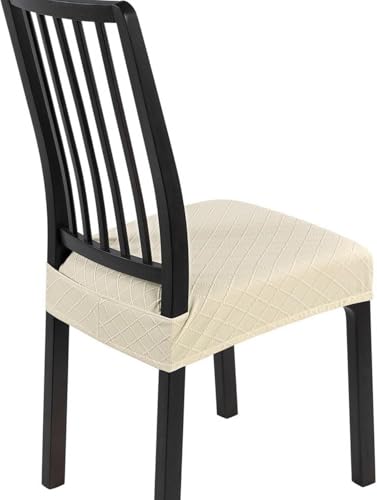 Image of SearchI Stretch Dining Chair Seat Covers Set of 2, Soft Removable Washable Seat Covers for Dining Chairs, Dining Room Seat Cover Protector (Rear-Covered, Check Jacquard Beige)