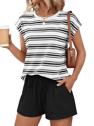 Image of AUTOMET Womens Crew Neck Two Piece Short Sets Cap Sleeve Drawstring Summer Sweatsuit with Pocket