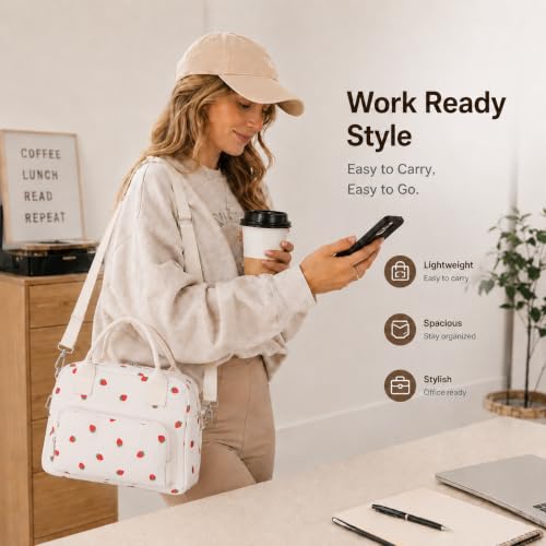 Image of LOVELYWIND Large Insulated Lunch Bag Women, Cute Strawberry Lunch Box 12L | Large Shoulder Strap Lunch Tote With Insulated Lining; Stylish Look For Work, School, Picnic, And Organized Meals.