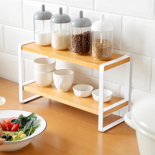 Image of Decorlay Metal & Wooden Spice Rack Organizer Space Saver Counter-top Storage for Kitchen, Bathroom, Office, and Cosmetics (White + Beech, Two - Tier)