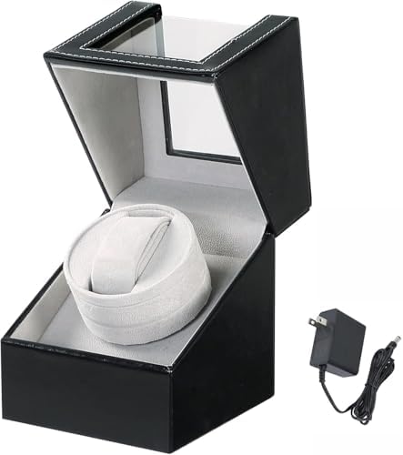 MYFULLY Automatic Single Watch Winder in Black Leather with Quiet Motor Watch Display Case Storage Box Fits Lady and Man Automatic Watch, AC Adapter or Battery Powered