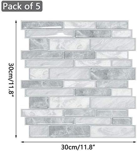Yoillione 5 Sheets Self Adhesive Wall Tile 3d Peel and Stick Tiles Tile Stickers for Kitchen, Stick on Tiles for Bathroom tile Transfers Waterproof Backsplash Tiles Grey, 12"x12"