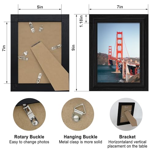 Image of iRahmen 5x7 Picture Frame Set of 4, Black Rustic Retro Photo Frame with Real Glass, 5 x 7 Picture Frames for Wall Mount and Tabletop Display