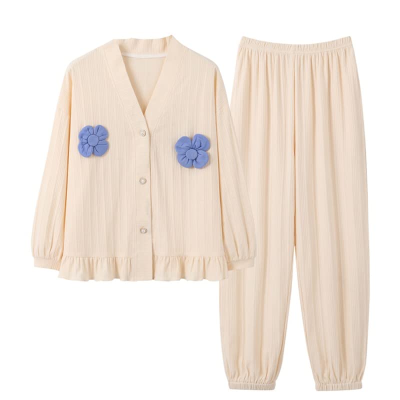 Rqcaxn Autumn Winter New Knitted Cotton Pajamas for Women Turn-Down Collar Light Green Nightwear Leisure Homesuit Loose Sleepewear,D,XXX-Large