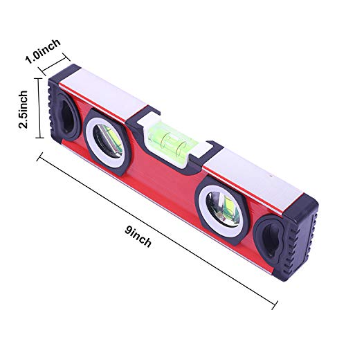 Torpedo Level, Spirit Level 3 Bubble Plumb/Level / 45 Degree Level Degree Torpedo Magnetic Level Bubble Measuring Tool (9inch, Red)