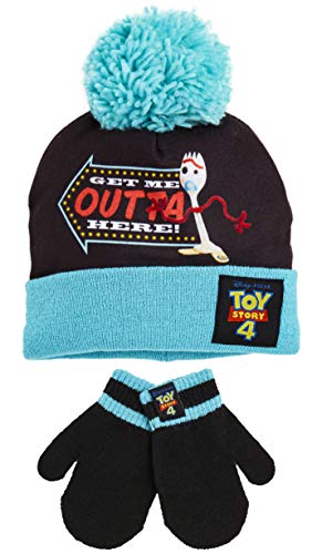 Toy Story 4 Gorro y Guantes Para Niño Niña Con Personaje Forky, Conjunto de 2 Piezas Gorro Con Pompon Azul y Guantes a Juego Invierno, Regalos Originales Para Niños 4 5 6 7 8 9 años