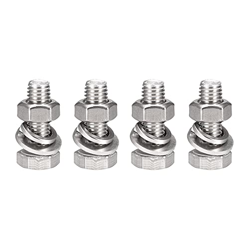 sourcing map M10 x 30mm Hex Head Screws Bolts, Nuts, Flat & Lock Washers Kits, 304 Stainless Steel Fully Thread Hexagon Bolts 4 Sets