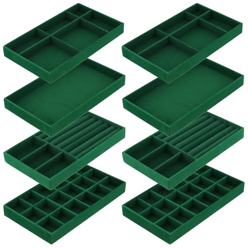 PUCSIQ Organisateur Tiroir 8 Pièces - Rangement Bijoux en Velours avec Séparateurs Amovibles - 21,3 x 12,4 x 2,4 cm - Vert - Pour Coiffeuse et Bureau