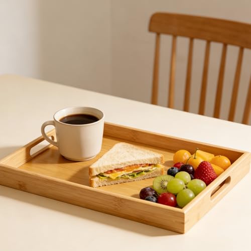 ZEONHEI 2 Pack Rectangular Bamboo Tray Set with Handles, 2 Sizes of Rustic Wooden Serving Trays for Tea Coffee Snack, 38 x 25 x 4cm / 40 x 28 x 3.5cm - Image 7