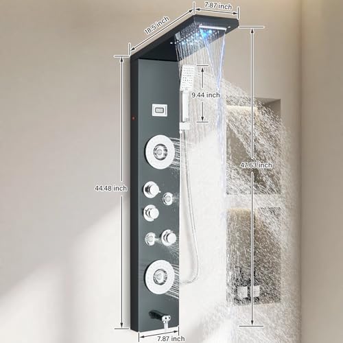 Image of FUZ Shower Panel Tower System, Stainless Steel 6 Functions Shower Panel System with LED Fancy Rain Shower Head and Handheld, Adujstable Rain Massage Body Jets and Tub Spout, Matte Black Shower Tower