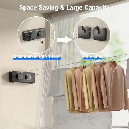 Image of MUSTORN Retractable Twin Clothesline Indoor, Non-Sagging Outdoor Clothes Line Retracting Heavy Duty Clothes Drying Laundry Line Wall Mounted Stainless Steel Line-13.8Feets(Double Line-Black)