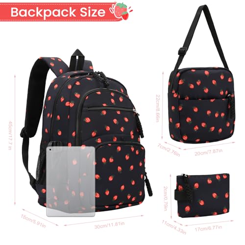 Image of Coquette Strawberry Backpack - Cute Kawaii Backpack Set Aesthetic Daypack Cute Rucksack (B02 Strawberry Black)