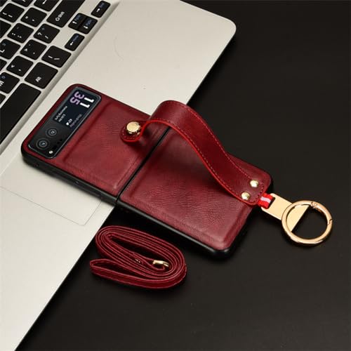 BaiFu Funda para Motorola RAZR 40 con Anillo Carcasa, Soporte Funda con cordón, Collar Funda para teléfono móvil con Correa, Cuero PU Protectora Caso para Motorola RAZR 40-Rojo