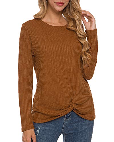 MISFAY Womens Casual Top Long Sleeve Cute Twist Knot Waffle Knit Shirts Tops (Large, Rust Yellow)