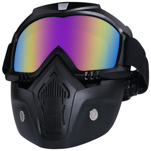 Motorcycle Helmet Riding Goggles Glasses with Removable Face Mask,Detachable Fog-Proof Warm Goggles Mouth Filter Adjustable Non-Slip Strap Vintage Bullet Fight Motocross (Colorful)