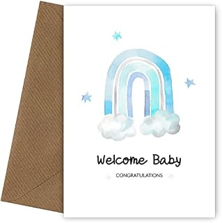 Congratulations New Baby Boy Card for Proud Parents or Grandparents - Christening Baptism Birth of Baby Boy Card - Greetings Card when It's a Boy - Watercolour Blue Rainbow Clouds - Welcome Baby Boy