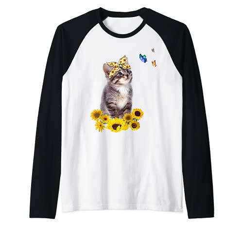 Kitten With Sunflower HeadBow Butterfly Cat With Bandana Cat Raglan Baseball Tee, Black