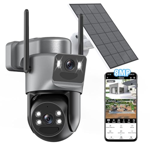 4K Solar Security Cameras Wireless Outdoor, 5G/2.4G WiFi 6, Dual Lens 2-in-1 Home Security Camera, Color Night Vision/2-Way Audio/PIR Motion Alarm/360° PTZ/Auto Human Tracking/Waterproof