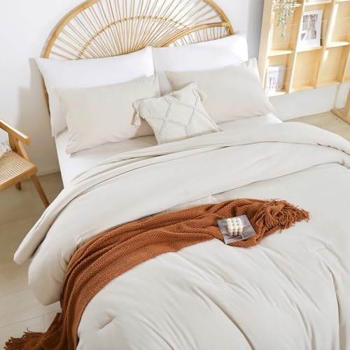 Image of weigelia Beige Comforter Set Twin Boho Cream Twin Comforter with 1 Pillowcases - Soft Lightweight Cozy Bedding Set for All Season - Beige Comforter Twin Size for Women Teens Kids