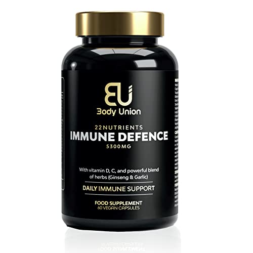 Body Union Immune Defence Supplement | Immune System Booster | Immune Support, Vitamin C, B12, D3, Elderberry, Turmeric | 60 Vegan Multivitamin Capsules | Vitamin D Tablets