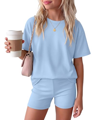 Image of Oakgarden Girls 2 Piece Outfits School Clothes | Back to School, Travel, Summer, Casual Sets, Athletic, Short Sleeve Top, Bike Shorts, Tween, Trendy, Matching Clothing, 5-14Y