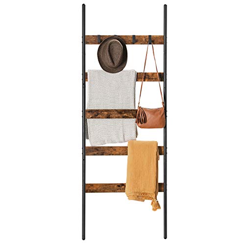 VASAGLE 5-Tier Blanket Ladder Shelf, Wall-Leaning Rack with 4 Hooks, Steel Frame, 23.6 Inch Wide, for Blankets, Scarves, Industrial Style, Rustic Brown and Black ULLS011B01