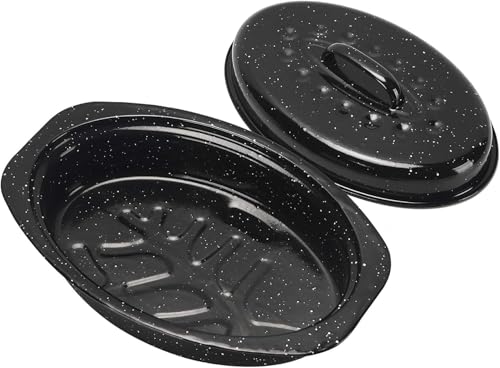 Image of 13 Inch Small Roasting Pan with Lid - Covered Oval Roaster - Enamel Carbon Steel Roaster Pot - Excellent Heat Distribution and Non-sticky - for Turkey Chicken Meat & Vegetables