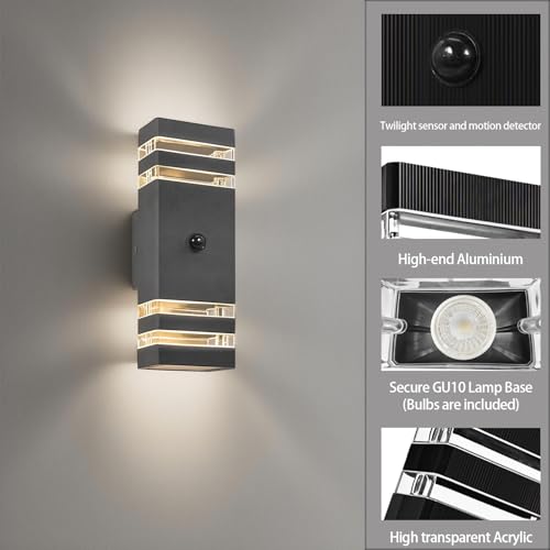 JNR LED Außenlampe mit PIR Bewegungsmelder, IP54 Up Down Wasserdichte Außenleuchte mit Bewegungsmelder 230V, Aussenlampe inkl. 2x5W GU10 3000K Warmweiß Glühbirne, Wandleuchte, Anthrazit Grau