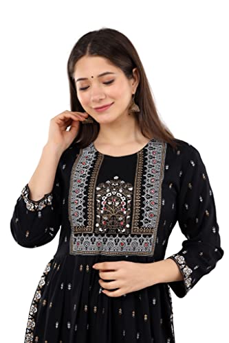 Image of Ayukta Women's Geometric Regular Rayon Printed Mirror Work Nyra Cut Kurta