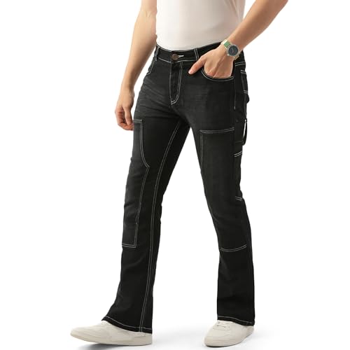Image of PARIS HAMILTON Men Bootcut Fit Carpenter Style Bellbottom Faded Stretchable Denim Jeans