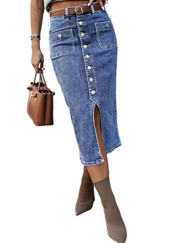 seiveini Faldas de Mezclilla Mujer Larga Elegant Falda Vaquera Largas con Aberturas Botones de Cintura Alta Vintage B Azul XXL