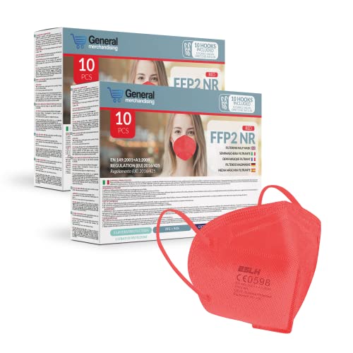 general merchandising 20 CE-zertifizierte ESLH-farbige ROT FFP2-Masken | PFE ≥94 % | CE-zertifizierte farbige ROT FFP2-Maske für Erwachsene | Einzeln verschlossen mit 10 Ohrschützerhaken (Rot) Cover
