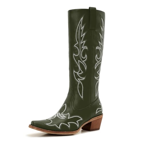 Image of Uillnoodu Women's Turquoise Cowgirl Boots - Wide Calf Mid Calf Western Boots Plus Size Embroidered Cowboy Style with Block Heel