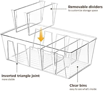 Puricon 4 Pack Pantry Organization and Storage Bins for Kitchen Fridge Countertop Cabinet, Stackable Clear Plastic Storage Racks with Removable Dividers, 5 Compartments for Snacks Packets Spices