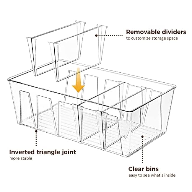 Puricon 2 Pack Pantry Organization and Storage Bins for Kitchen Fridge Countertop Cabinet, Stackable Clear Plastic Storage Racks with Removable Dividers, 5 Compartments for Snacks Packets Spices