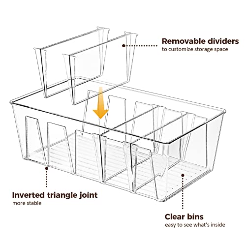 Puricon 4 Pack Pantry Organization and Storage Bins for Kitchen Fridge Countertop Cabinet, Stackable Clear Plastic Storage Racks with Removable Dividers, 5 Compartments for Snacks Packets Spices